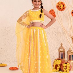 Pspeaches Sleeveless Ethnic Motif Embroidered & Lace Embellished Lehenga & Choli With Dupatta - Yellow-picture-39