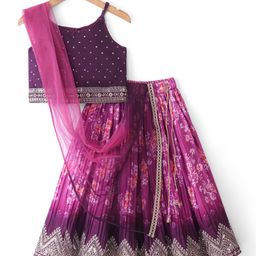 Babyhug Woven Sleeveless Embroidered Choli with Floral Printed Lehenga and Dupatta Set - Purple-image-96