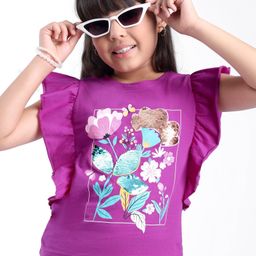Arias Cotton Knit Flutter Sleeves T-Shirt With Reversible Sequin & Floral Print - Fuchsia-image-1