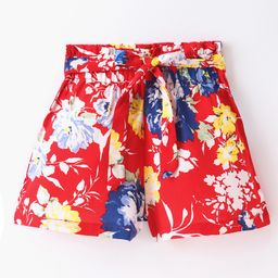 CrayonFlakes Floral Printed Rayon Shorts With Attached  Belt - Red-image-9