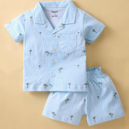 Smarty Boys Cotton Sinker Half Sleeves Striped Night Suit Palm Tree Print - Blue-image-99
