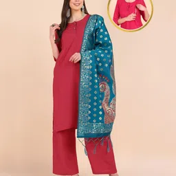 Zelena Three Fourth Sleeves Solid & Peacock Printed Suit Set With Zipper Nursing Access - Fuchsia-picture-13