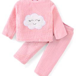 Babyhug Velour Knit Full Sleeves Winter Wear Night Suit with Cloud Patch - Pink-image-93