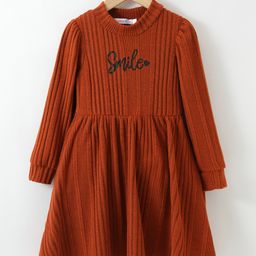 Kookie Kids Full Sleeves Winter Wear Party Frock with Text Print - Brown-image-35