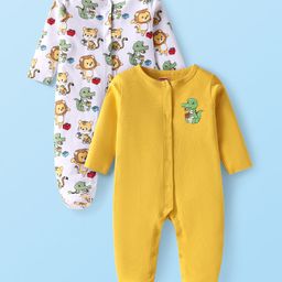 Babyhug Cotton Knit Full SleevesAnimal Printed Sleep Suits Pack of 2 - Yellow & White-image-117