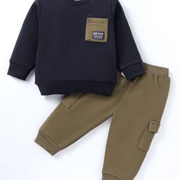 Pepito Fleece Knit Full Sleeves Winter Wear Set With Pocket Patch Detailing - Black & Olive-image-17