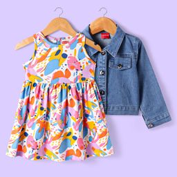 Babyhuhg Cotton Knit Abstract Print Frock With Full Sleeves Denim Jacket - White-image-20
