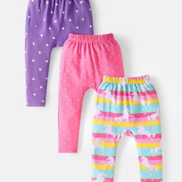 Babyhug Interlock Knit Full Length Unicorn Heart & Polka Dots Printed Diaper Leggings Pack of 3 - Pink Purple & Blue-image-33