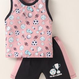 CUCUMBER Sinker Knit Sleeveless Shorts Night Suit with Sports Theme Print - Pink-image-95