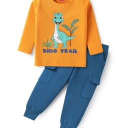 Babyhug Single Jersey Knit Full Sleeves T-Shirt & Joggers Set with Dino Print - Blue & Orange-image-100