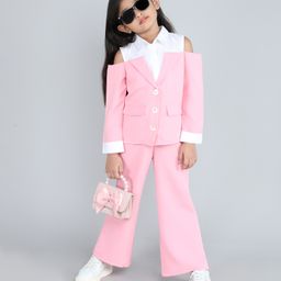 Taffykids Cold Shoulder Full Sleeves Shirt Attached Solid Blazer & Coordinating Pant Set - Pink & White-image-80