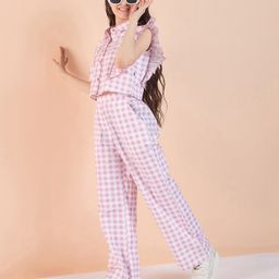 Stylo Bug Cotton Sleeveless Frill Detailed Checked Coordinating Top & Pant Set - Pink-image-28
