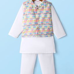 Babyhug Woven Full Sleeves Kurta Pyjama Set With Printed Jacket - White-image-126