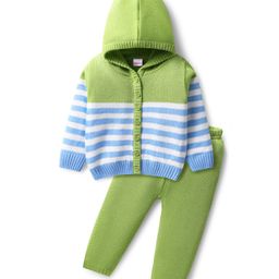 Babyhug Knitted Full Sleeves Striped Hooded Sweater Set - Light Green-image-64