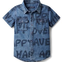 Pine Kids Woven Half Sleeves Washed Denim Shirt With Text Print - Blue-image-95