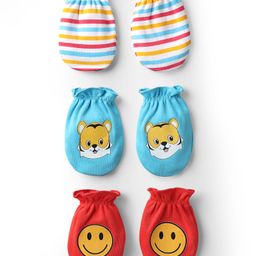 Babyhug 100% Cotton Knit Mittens with Animal Print & Stripes Pack of 3 - Red Aqua Blue & White-image-63