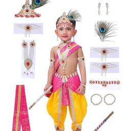 RAJ FANCY DRESSES Krishna Theme Costume With Accessories Set - Yellow & Pink-image-32