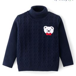 Babyoye 100% Cotton Knit Solid Dyed Full Sleeves Turtle Neck Sweater with Cable Knit Design & Bear Patch Detailing - Navy Blue-picture-16