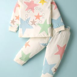 Ollypop Sinker Knit Full Sleeves Co-Ord Night Suit With Star Print - Cream-image-10