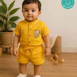 Greendeer 100% Softner Washed Muslin Cotton Woven Half Sleeves Baby Elephant Embroidered Mandarin Collar Shirt & Shorts Set - Yellow-image-5