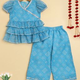 The Magic Wand Woven Half Puffed Sleeves Bandhani Printed Gota Lace Embellished Coordinating Top & Pant Set - Blue-picture-4