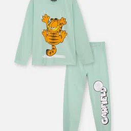 Nap Chief Pure Cotton Knit Garfield Featuring Full Sleeves Character Printed Relaxed Fit Night Suit Set - Aqua Green-picture-32