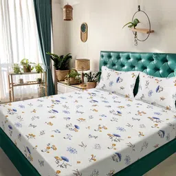 KLOTTHE White & Blue Floral 300 TC King Double Bedsheet Set - 2.50mx 2.25m-image-23