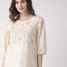 SCOUP Women Off-White & Orange Floral Embroidered Pure Cotton Top-image-99