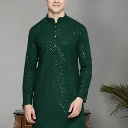 Jompers Geometric Embroidered Sequinned Mandarin Collar Pure Cotton Straight Kurta-image-13