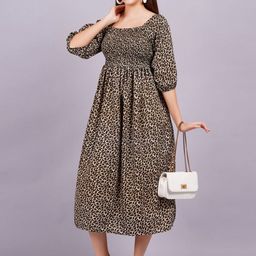 OH MI DIOS Women Animal Printed Fit And Flared Puff Sleeve Midi Dress With Smoked Details-picture-50