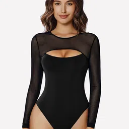 Beera Round Neck Long Mesh Sleeves Bodysuit-image-6