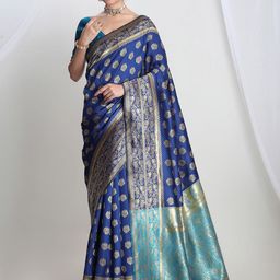 Janasya Ethnic Motifs Zari Banarasi Saree with Blouse Piece-image-63