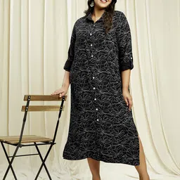 Globus Gloplus Collared Neck Roll-Up Sleeves Floral Print Plus Size Midi Shirt Dress-picture-16