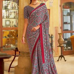 All About You modal Ajrak Block Pure Crepe Bagru Saree with Blouse Piece-17