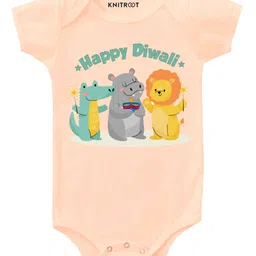 KNITROOT Half Sleeves Happy Diwali Printed Onesie - Peach-picture-10