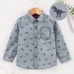 Babyhug Full Sleeves Washed Denim Shirt Dino Print - Blue-image-97