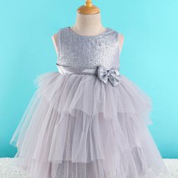 Babyhug SleevelessLayered Party Frock With Sequin Embroidery & Bow Applique- Grey-image-76
