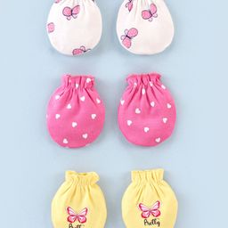 Doodle Poodle 100% Cotton Mittens Butterfly Printed Pack of 3 -White Pink & Yellow-image-37