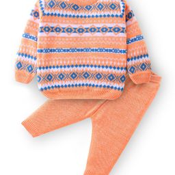 Babyhug Knitted Full Sleeves Sweater Set Ikat Design - Peach & Blue-image-65