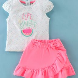 ToffyHouse 100% Cotton Knit Cap Sleeves Top & Skirt Set with Text & Watermelon Print - Pink-image-62