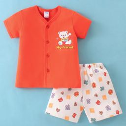 Tango Interlock Knit Half Sleeves Night Suit Teddy Print - Orange-image-89