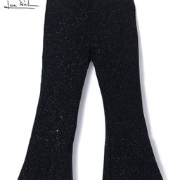 Arias Cotton Stretch Knit Fit & Flared Shimmered Silver Lurex Leggings with Waistband - Black-image-47