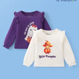 Babyoye 100% Cotton Full Sleeves Tops with Frill Detailing & Little Pumpkin Print Pack of 2- Purple & White-picture-16