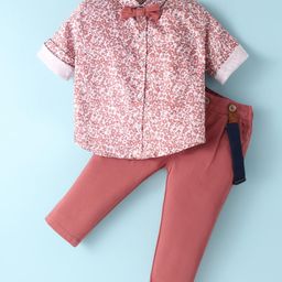 ToffyHouse 100% Cotton Knit Full Sleeves Floral Printed Shirt Trouser with Bow & Suspender - Rose Gold-image-78