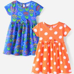 Babyhug Single Jersey Knit Half Sleeves Frocks With Floral & Polka Dots Print Pack Of 2 - Blue & Orange-image-8