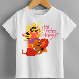 KNITROOT Durga Theme Half Sleeves Jai Maa Durga Text Printed Tshirt - White-picture-9