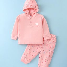 Tango Interlock Knit Full Sleeves Hooded Night Suit With Moons & Stars Print - Baby Pink-image-31