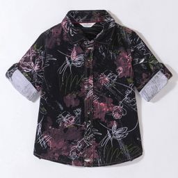 INFINITY Corduroy Cotton Full Sleeves Floral Printed Shirt - Black-image-24