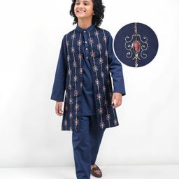 Pine Kids Woven Full Sleeves Sequin Embroidered Kurta Pyjama Set with Jacket - Navy Blue-image-3