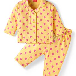 Babyhug Cotton Knit Full Sleeves Night Suit With Heart Print- Yellow-image-34
